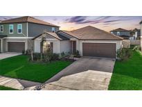 One-story home with brown roof, two-car garage, and well-manicured lawn at 8849 Little Bluestem Dr, Land O Lakes, FL 34637