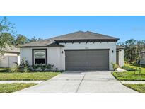Single-story home with gray garage door and landscaped front yard at 39822 Harmon Grove Ct, Zephyrhills, FL 33540