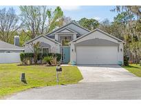 Charming single-story home featuring a well-manicured lawn and a lovely light-blue front door at 24034 Geese Cir, Land O Lakes, FL 34639