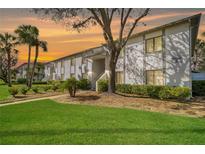 Condo exterior featuring palm trees and manicured lawns under a vibrant sunset sky at 122 E Cypress Ct # 22, Oldsmar, FL 34677