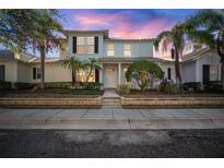 Two-story light green house with a white door, landscaping, and a metal roof at dusk at 322 Ibisview Ln, Apollo Beach, FL 33572