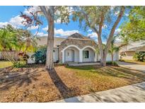 Charming one-story home featuring stone accents, mature trees, and a well-maintained front yard at 18308 Felspar Way, Tampa, FL 33647