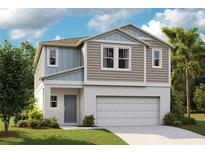 Two-story house with gray and beige siding, two-car garage, and landscaping at 12157 Cattleside Dr, Riverview, FL 33579