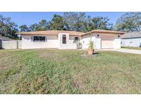 Single-story home with a large yard, attached garage, and landscaped front at 1257 Waterfall Dr, Spring Hill, FL 34608