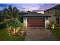 Two-story home with a brown double-car garage and landscaped yard at 4539 San Martino Dr, Wesley Chapel, FL 33543