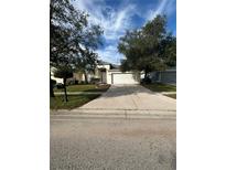 Single-story house with a white garage door and landscaped yard at 8216 Carriage Pointe Dr, Gibsonton, FL 33534