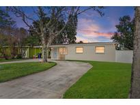 Charming single-story home featuring a well-manicured lawn and a long driveway at 4145 Harrisburg Ne St, St Petersburg, FL 33703