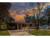 Tan house with driveway, landscaping, and a car parked in front at 4145 Harrisburg Ne St, St Petersburg, FL 33703