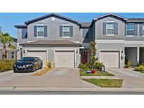 Gray townhome exterior with two-car garage and landscaping at 8239 Crescent Oaks Dr, New Port Richey, FL 34655