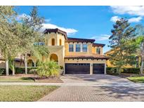Two-story house with a two-car garage, brick driveway, and lush landscaping at 2847 Calvano Dr, Land O Lakes, FL 34639