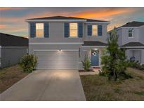 Two-story house with gray siding, gray shutters, and a two-car garage at 36703 Spanish Rose Dr, Dade City, FL 33525