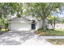 Charming home with a two-car garage and neatly manicured front yard, highlighted by mature trees and shrubbery at 14324 Moon Flower Dr, Tampa, FL 33626