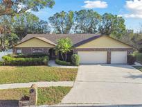Brick house with three-car garage and landscaped lawn at 1121 Belladonna Dr, Brandon, FL 33510