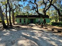 Charming light green house with a brown roof, nestled amongst lush trees at 12308 N 52Nd St, Temple Terrace, FL 33617