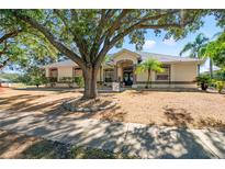 Single-story home with mature landscaping and a large front yard at 5105 Epping Ln, Zephyrhills, FL 33541