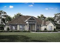 One-story home with stone accents and a three-car garage at 13400 Haflinger Way, Hudson, FL 34667
