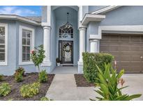 Welcoming front entry with decorative door and lush landscaping at 13010 Tribute Dr, Riverview, FL 33578