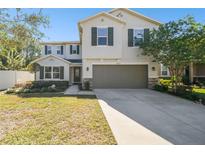 Two-story house with a neutral color scheme, two-car garage, and landscaped front yard at 10703 Aldo Moro Dr, Wimauma, FL 33598