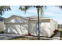 Beige single-story home featuring an attached two-car garage, neutral landscaping, and a sidewalk at 7833 Carriage Pointe Dr, Gibsonton, FL 33534