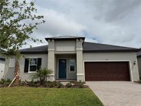 Inviting single-story home with a dark brown two-car garage and lush green lawn at 31605 Cardinal Yard Dr, San Antonio, FL 33576
