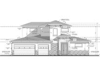 Two-story house elevation with stone veneer, stucco, and gable roof at 271 Larocca Ct, Palm Harbor, FL 34683