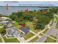 Aerial view of a cozy home near Safety Harbor and R.E. Olds Park in Oldsmar, offering a serene waterfront location at 102 Shore E Dr, Oldsmar, FL 34677