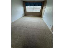 Bedroom featuring carpeted floors, textured walls, and a window with blue curtains at 1235 S Highland Ave # 2-206, Clearwater, FL 33756