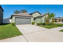 Charming single-story home with a well-maintained lawn and a two-car garage at 13388 Great Plains Dr, Riverview, FL 33579