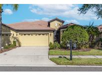 Attractive single-story home with a two-car garage and well-manicured lawn at 225 Mystic Falls Dr, Apollo Beach, FL 33572