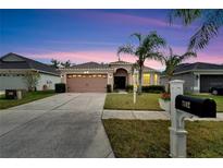 Attractive single-story home with a two-car garage and well-manicured lawn at 7142 Royal George Ct, Wesley Chapel, FL 33545