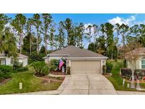 Charming single-story home featuring a well-manicured lawn and a two-car garage at 5021 Gato Del Sol Cir, Wesley Chapel, FL 33544