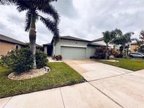 House exterior featuring a two-car garage and well-manicured lawn at 9736 Sage Creek Dr, Sun City Center, FL 33573