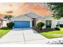 Well-maintained house with a blue garage door and landscaped lawn at 11412 Coconut Island Dr, Riverview, FL 33569