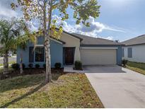 One-story home with blue exterior, two-car garage, and landscaped lawn at 10119 Rose Petal Pl, Riverview, FL 33578