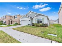 One-story house with gray siding, white garage door, and landscaped lawn at 33510 Elm Hill Branch, Wesley Chapel, FL 33545