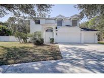 A charming two-story home featuring a three-car garage and lush front yard at 8620 Brookway Cir, Tampa, FL 33635