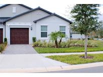 Front exterior view of a single-story home with a dark wood garage door and landscaped yard at 16851 Forge Surf St, Land O Lakes, FL 34638