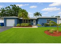 Charming blue home featuring a lush lawn, tropical landscaping, and a welcoming entrance at 2461 61St N Ln, St Petersburg, FL 33710