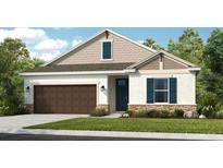 Charming single-story home with a brown garage door, stone accents, and teal shutters at 5130 Slate Hue Pl, Apollo Beach, FL 33572