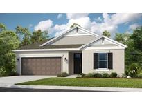 Charming single-story home with a brown garage door, black shutters, and a landscaped front yard at 708 Sky Shade Dr, Apollo Beach, FL 33572