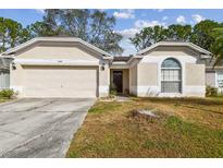 Single-story house with attached garage, arched window, and well-maintained lawn at 11209 Thicket Ct, Tampa, FL 33624