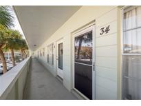Outdoor walkway leading to an apartment entrance, featuring palm trees at 2386 Sumatran Way # 34, Clearwater, FL 33763