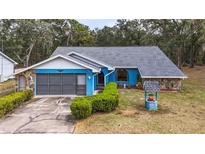 Charming blue home with stone facade, attached garage, and wishing well at 5250 Little Green Ln, Dade City, FL 33523
