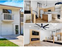 Exterior, kitchen, and living room views of a two-story home with a garage and balcony at 6462 92Nd N Pl # 802, Pinellas Park, FL 33782