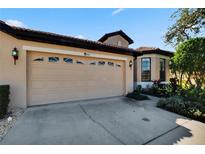 Tan double-car garage with driveway at 204 Mystic Falls Dr, Apollo Beach, FL 33572