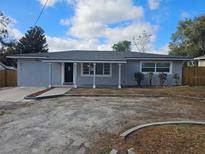 Newly renovated single story home with gray exterior, covered porch and a spacious driveway at 8912 N 39Th St, Tampa, FL 33604