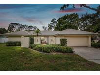 Tan one-story house with a two-car garage and manicured lawn at 970 Rolling Hills Dr, Palm Harbor, FL 34683