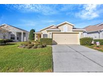 Cute yellow house with well-manicured lawn and driveway at 2852 Banyan Hill Ln, Land O Lakes, FL 34639