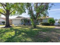 House exterior showcasing a manicured lawn, mature trees, and a two-car garage at 8134 Bayshore Dr, Seminole, FL 33776