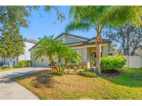 View of a single Gathering home featuring a well maintained lawn and a beautiful yard at 11652 Palmetto Pine St, Riverview, FL 33569